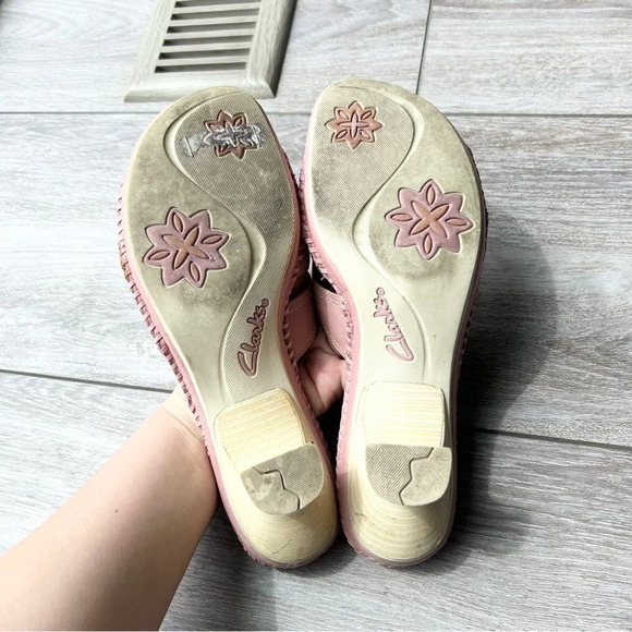 Clarks Women's Pink Beige Leather Open Toe Heels Sandals - Picture 11 of 14